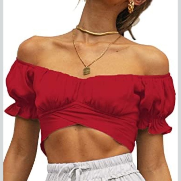 LYANER Women's Ruffle Short Sleeve Tie Up Back Crop Top Off Shoulder Blouse NWOT - Picture 4 of 8